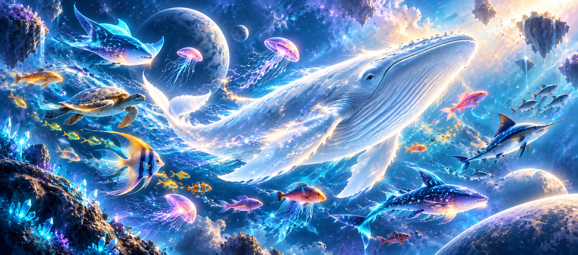 A luminous white whale and colorful sea life floating through a fantastical cosmic world created with OTON